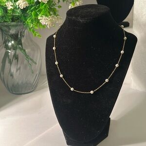 Small stainless steel gold tone chain w/ intermittent faux pearls necklace